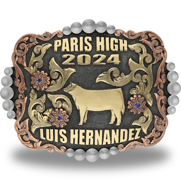 A custom graduation belt buckle for Paris High with personalized name featuring a golden bronze cow figure 